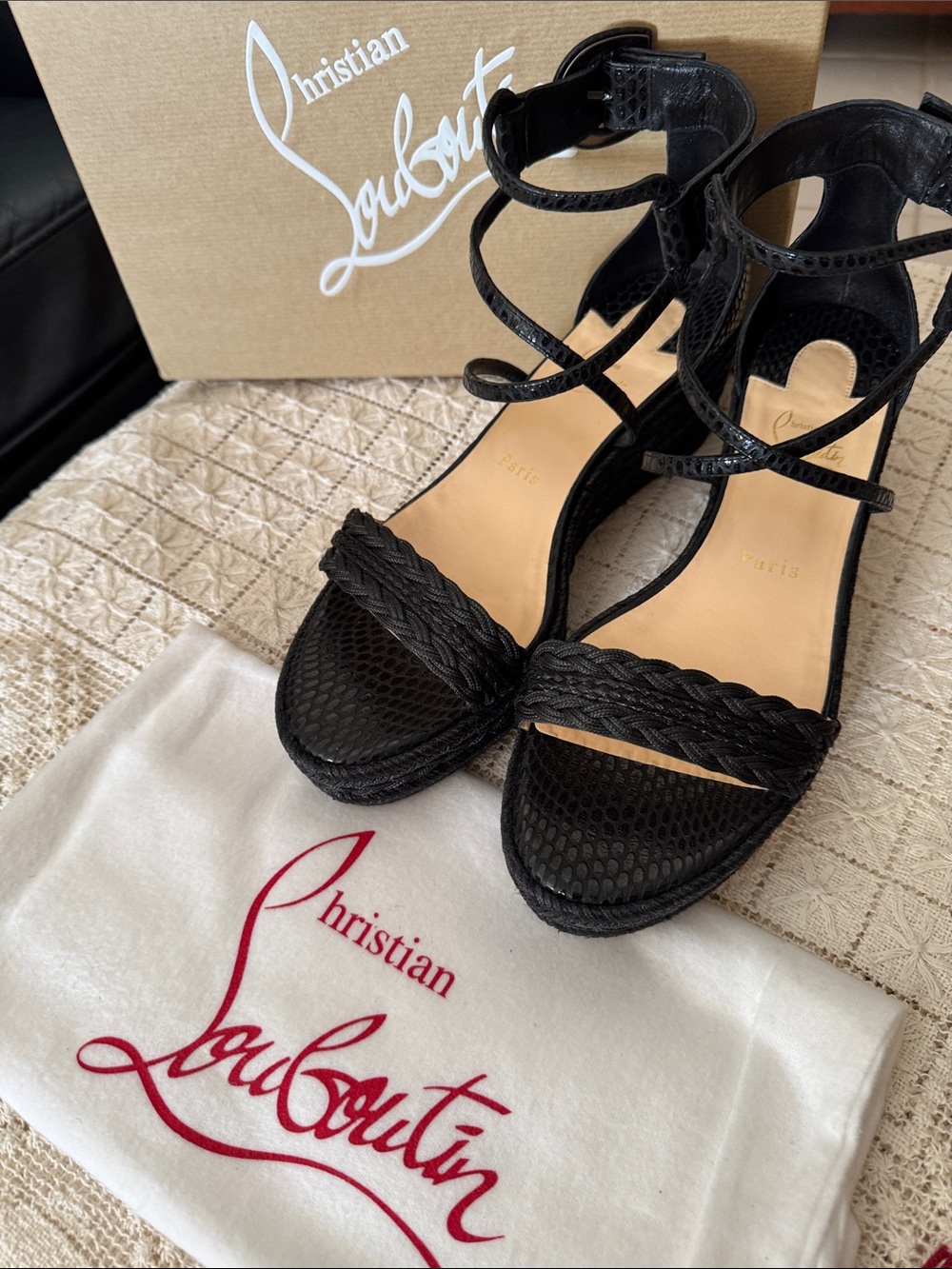 Christian Louboutin Black Braided Strappy Sandals- never worn in original box